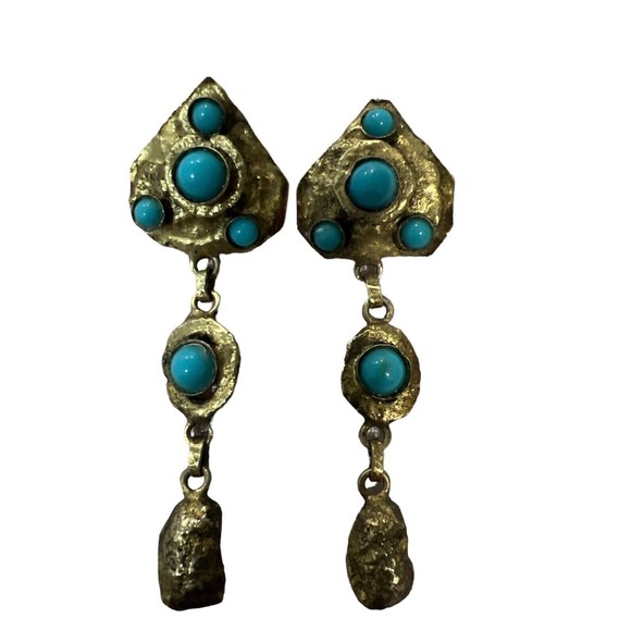 Vintage Mid Century HENRY PERICHON  Earrings Faux Turquoise  Gilt Bronze Rare - Picture 2 of 16